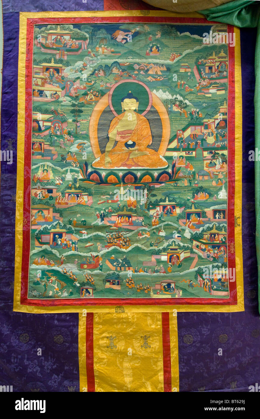 Thanka Tanka Nepal Reisen Tourist Souvenir Tuch Brokat verzierte Buddha abstrakt, Altar, Antiquität, Kunst, Asia, Hintergrund-Banner, Stockfoto
