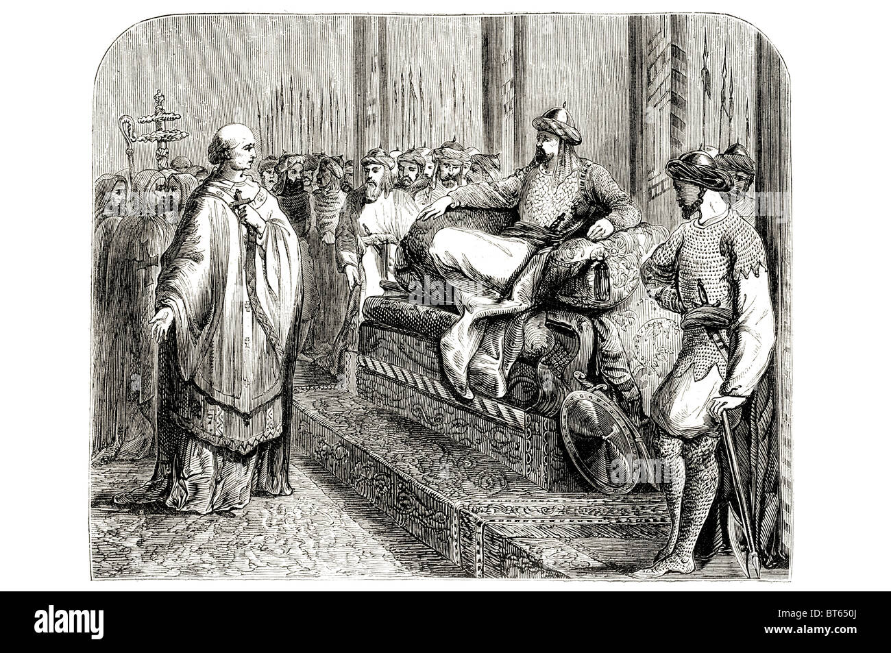 Bischof von Salisbury vor Ṣalāḥ Ad-Dīn Yūsuf ibn Ayyūbi Ṣalāḥ al-Dīn Yūsuf ibn Ayyūb Selah "Edînê Salāh-Ed-Dīn-e Ayyūbī. 1138 – Stockfoto