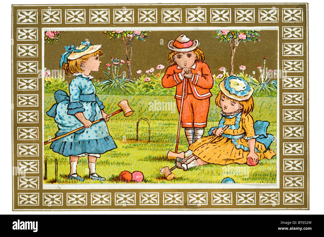 Krocket Kinderreim Mädchen junge Haube Hauben Garten singen, spielen, singen tanzen Kinder Kleider Stockfoto
