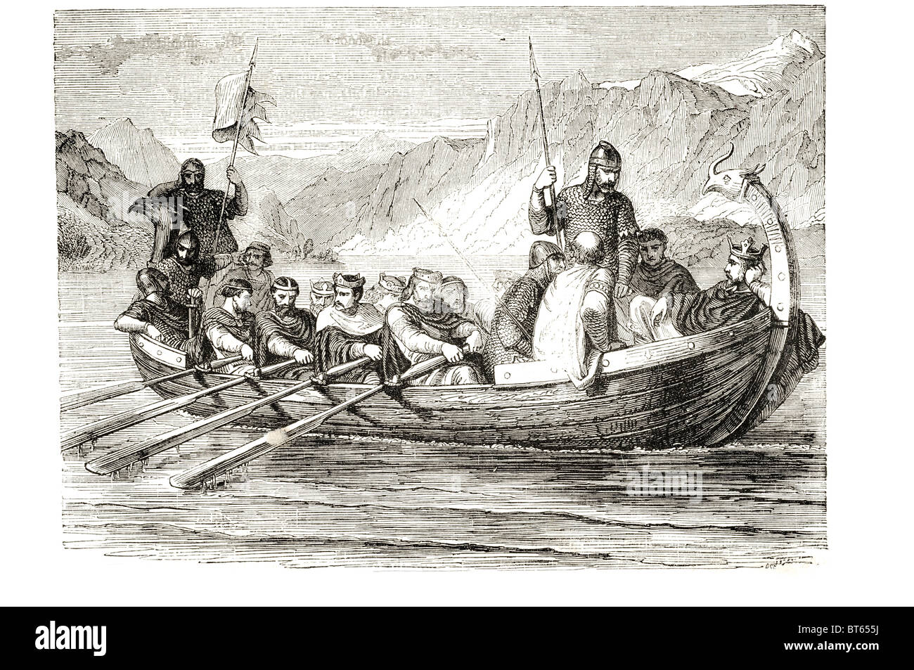 König Edgar Pazifik ruderte auf den Fluss Dee von acht tributpflichtigen Fürsten 8 Edgar friedliche Altenglisch: Ēadgār. 7 August 943 – Stockfoto