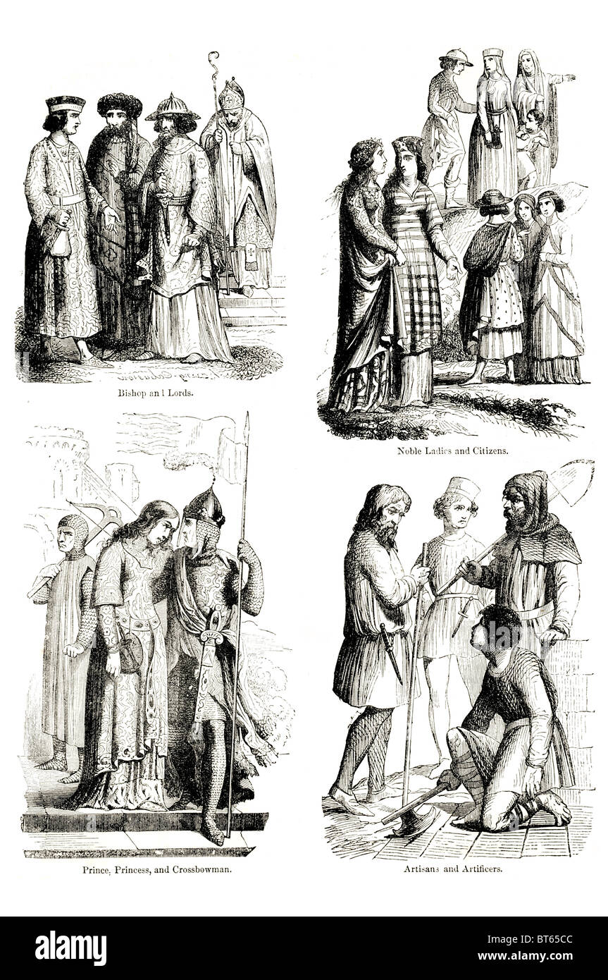 Norman Kostüm Kleidung Kleid Kleidung 11. Jahrhundert Männer Mann männlich weiblich Mädchen Frau Junge alte bäuerliche Soldat Kurtisane Kleriker Stockfoto