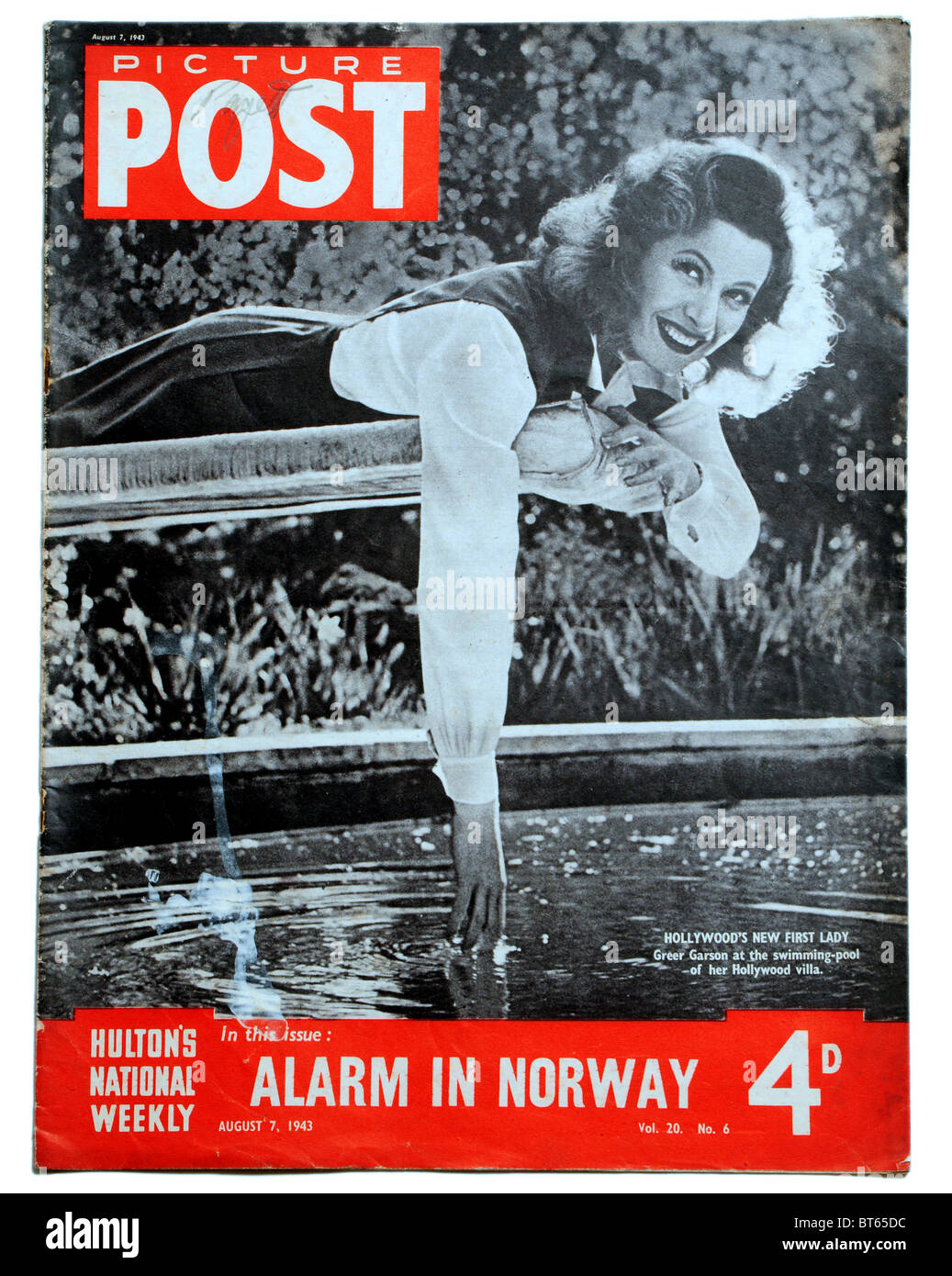 7 august 1943 Greer Garson Hollywood Filmstar schwimmen Umfrage Sprungbrett Picture Post prominente fotojournalistischen Zeitschrift publ Stockfoto