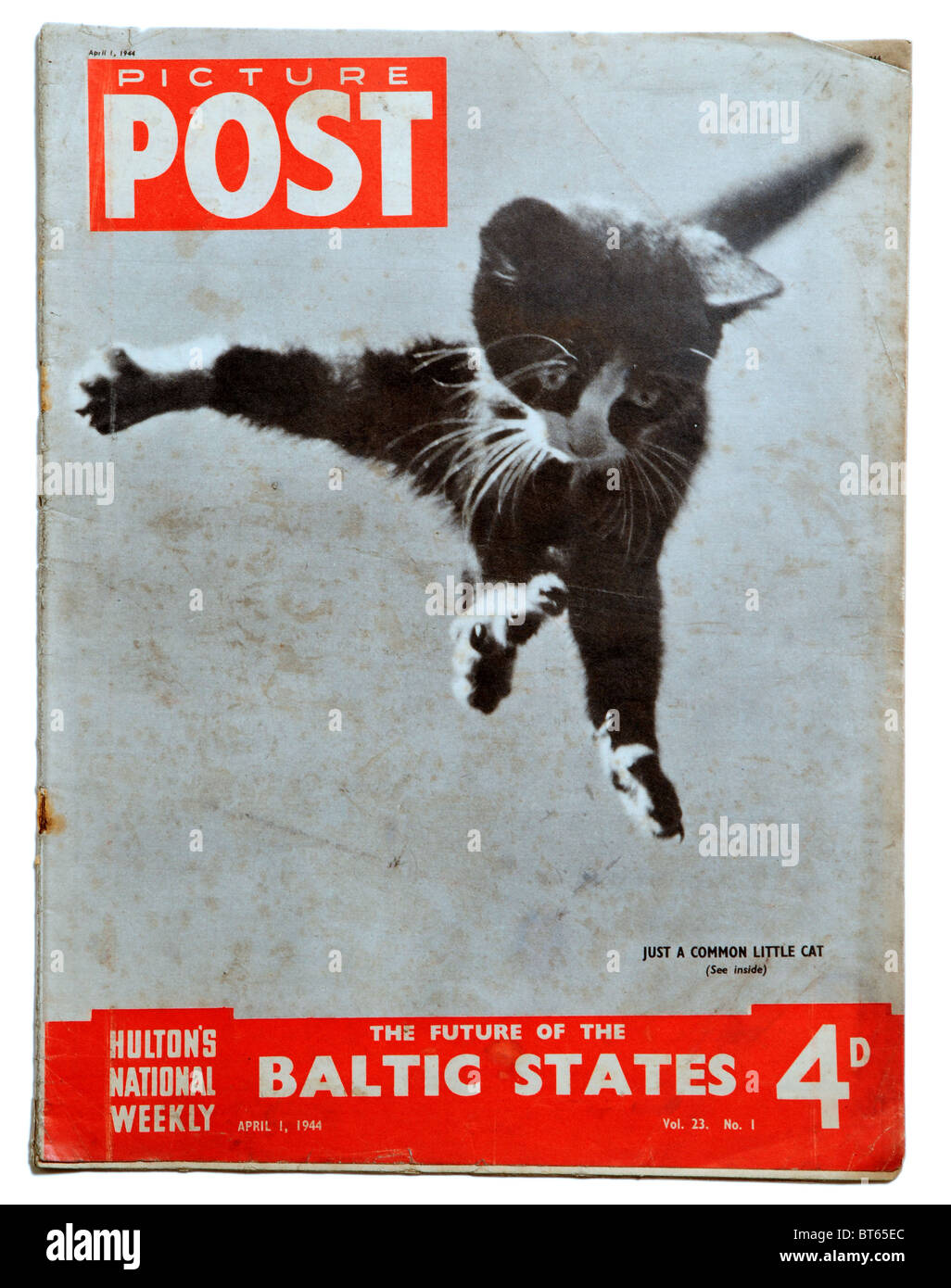 1. April 1944 Katze Kätzchen fliegen fallenden Picture Post prominente fotojournalistischen Zeitschrift veröffentlichte Vereinigtes Königreich 1938 1957. PI Stockfoto