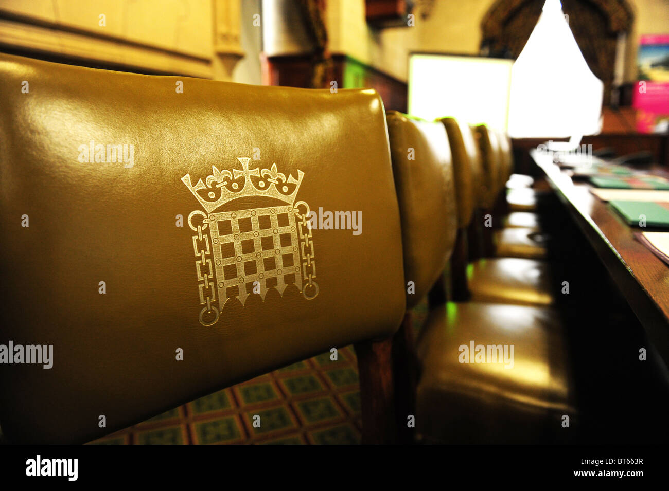House of Commons Stuhl mit fallgitter Logo Stockfoto