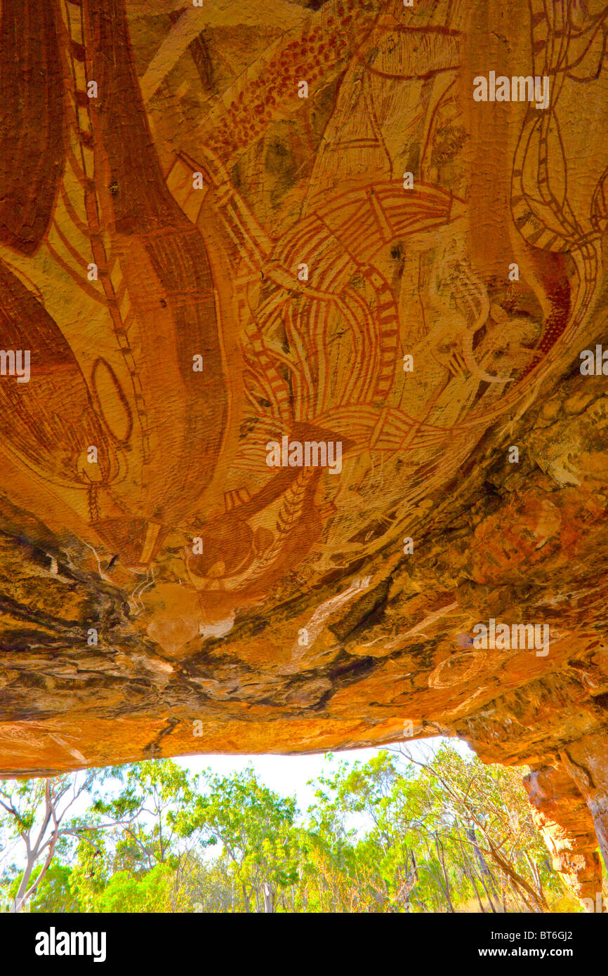 Felszeichnungen in der Kathedrale, Northern Territory, Australien, Jawoyn Land, alte Aboriginal Felsmalereien Stockfoto