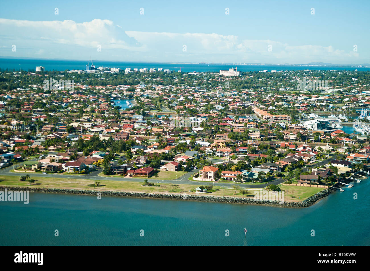 Luftaufnahme von Scarborough, Redcliffe Peninsula, Queensland, Australien Stockfoto