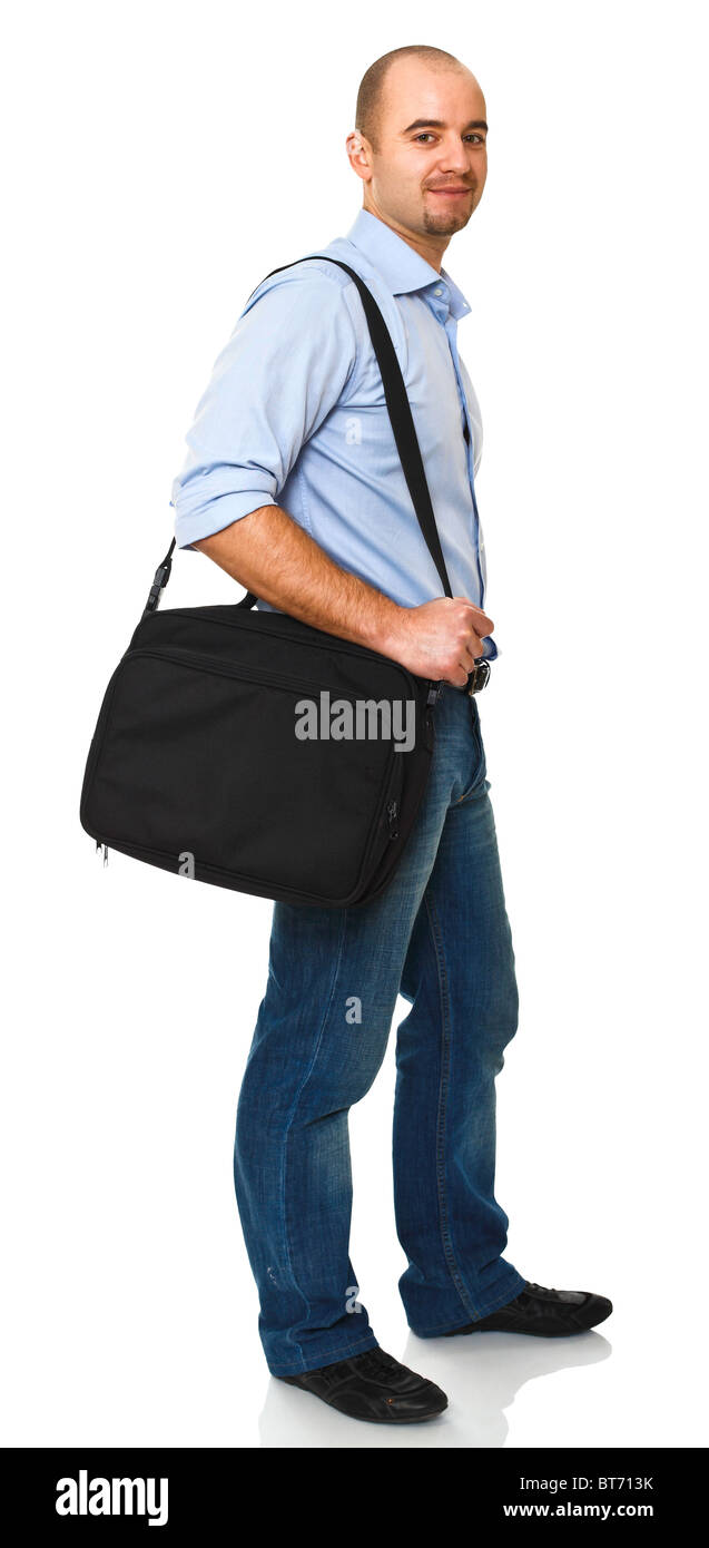 glücklicher Mann mit Laptop-Tasche, isoliert auf weiss Stockfoto