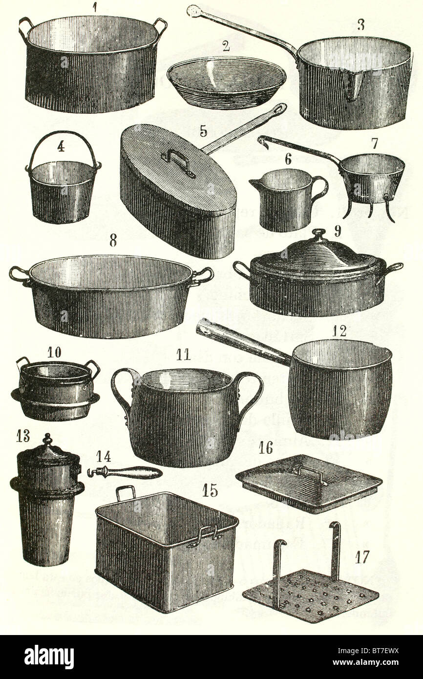 Eine Reihe von Eisen Küchenausstattung. Antike Darstellung. 1892. Stockfoto