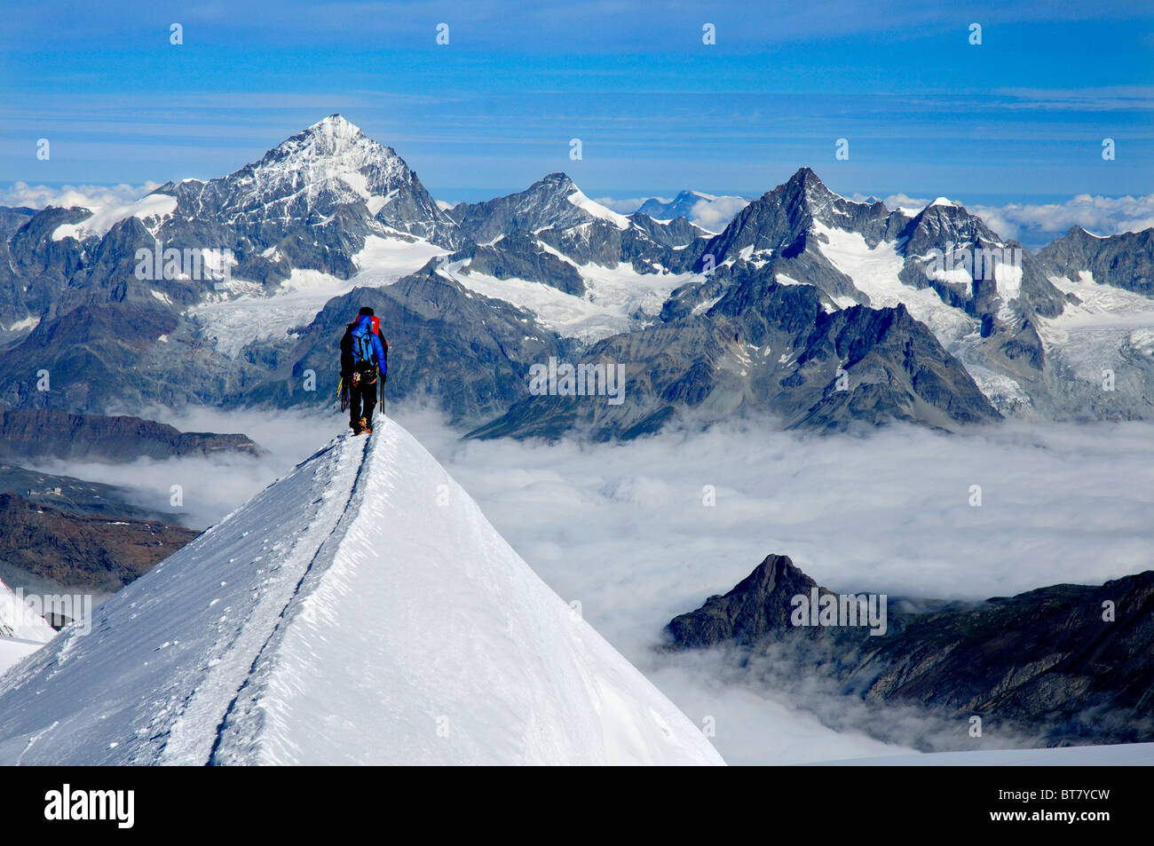 Ein Team von Bergsteigern auf dem schmalen Parrotspitze auf dem Monte Rosa in der Schweiz Stockfoto