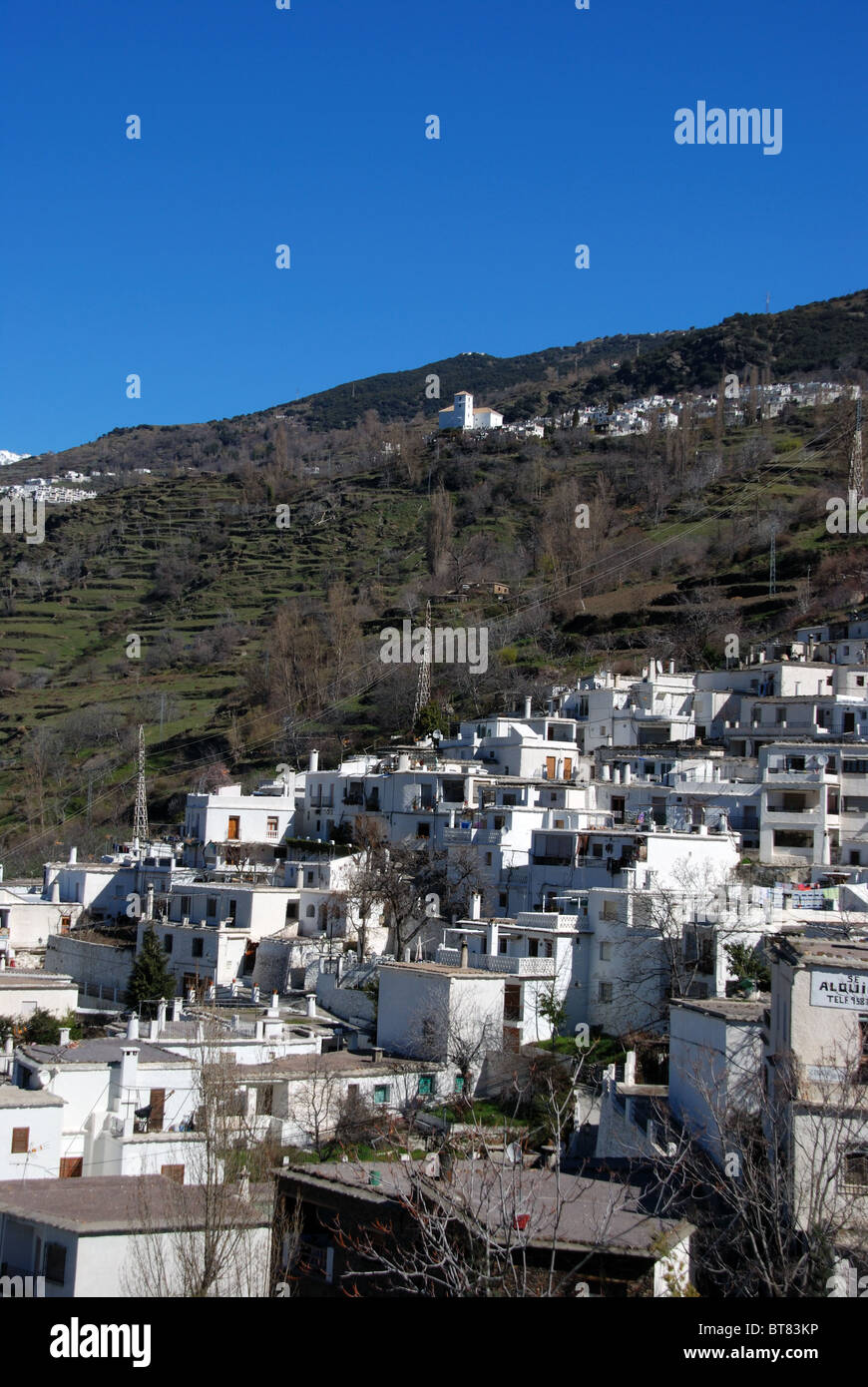 Blick auf die Stadt, weiß getünchten Dorf (Pueblo Blanco), Pampaneira, Las Alpujarras, Provinz Granada, Andalusien, Spanien, Europa. Stockfoto