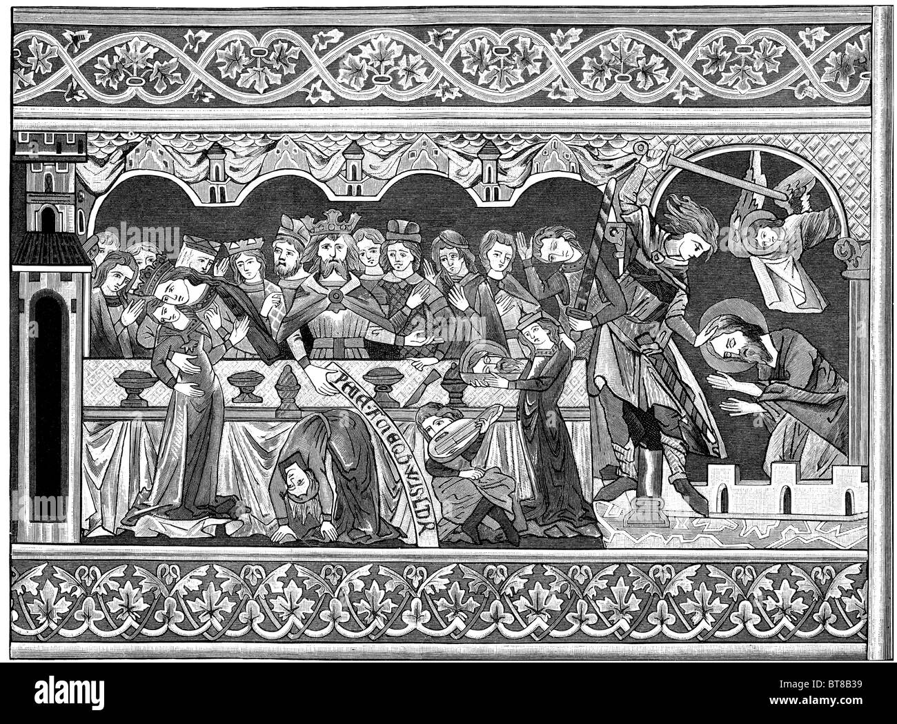 Herods Tisch, Kopf von Johannes dem Täufer auf Teller. Holzschnitt 1885 Edition Geschichte der Deutschen Kunst v. 1 Stockfoto
