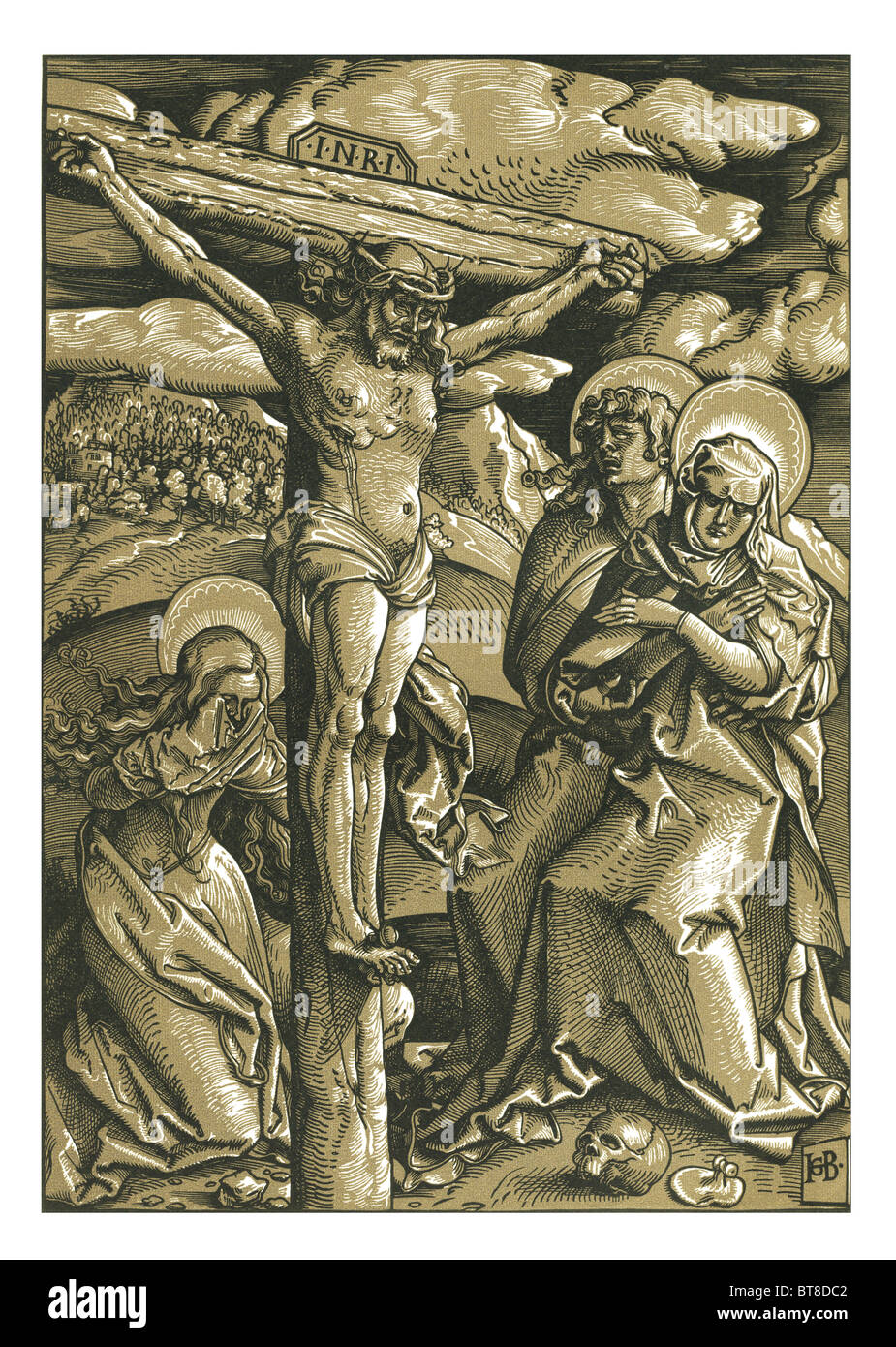 Eine sehr ungewöhnliche, sehr sauber und schön zweifarbig Drucken der Kreuzigung Jesu Christi auf dem Kreuz Hans Baldug Stockfoto