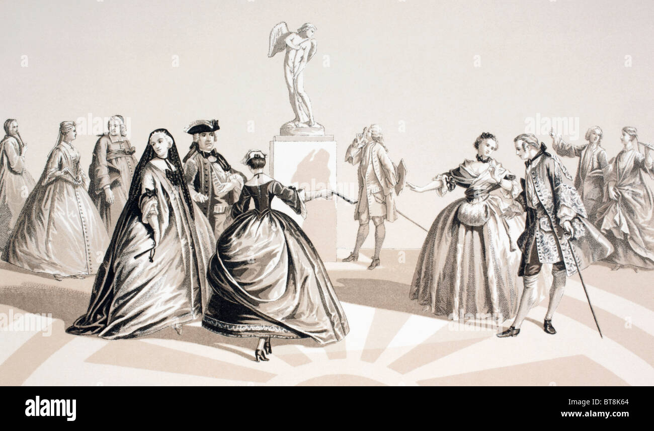 Typische französische männliche und weibliche Mode zwischen 1720 und 1740. Stockfoto