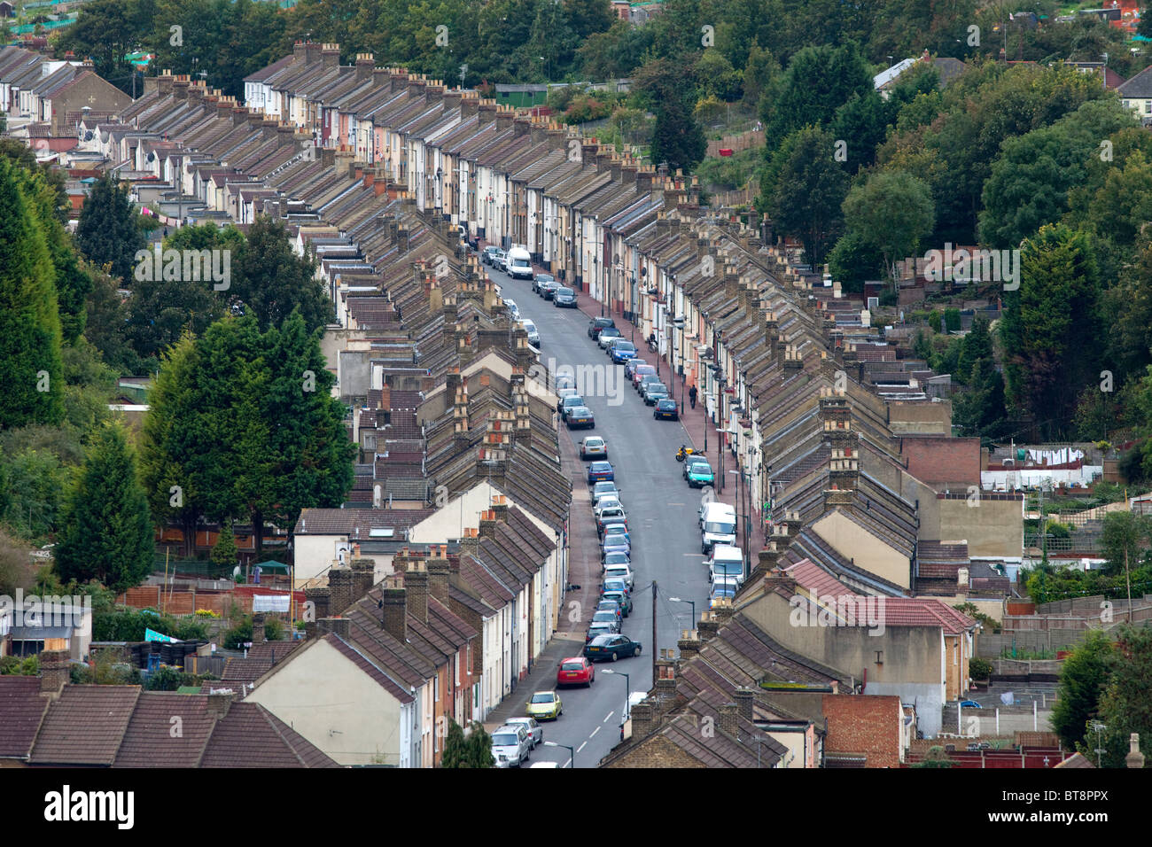 Eine Luftaufnahme von einer Straße in Rochester, Kent, UK. Stockfoto