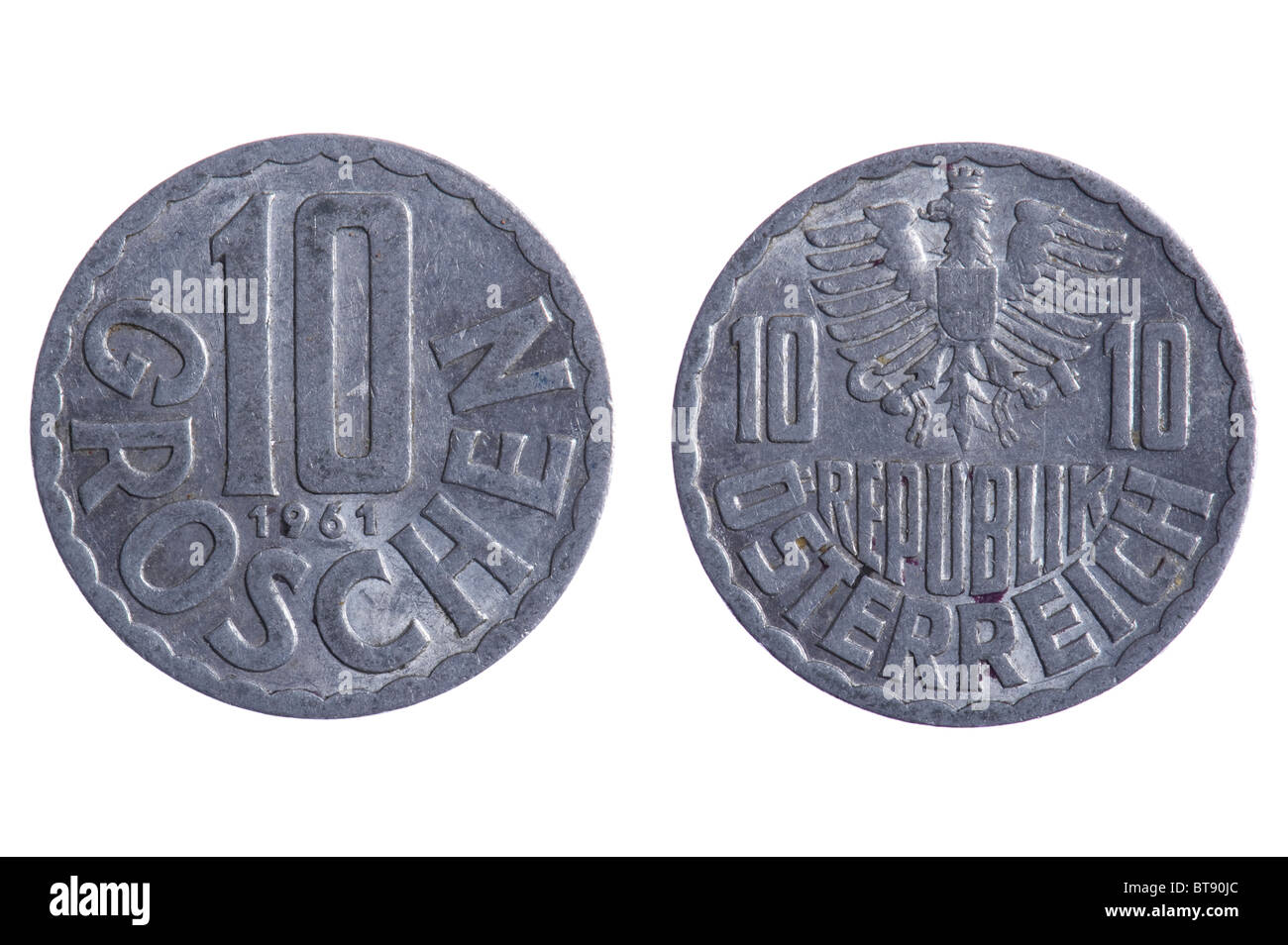 Objekt auf weiß - Österreich Münzen hautnah Stockfoto