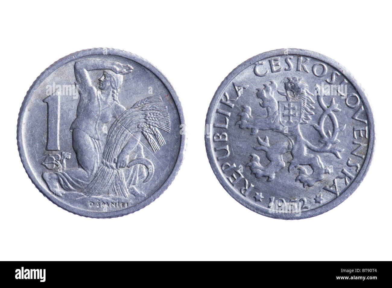 Objekt auf weiß - Tschechoslowakei Münzen hautnah Stockfoto