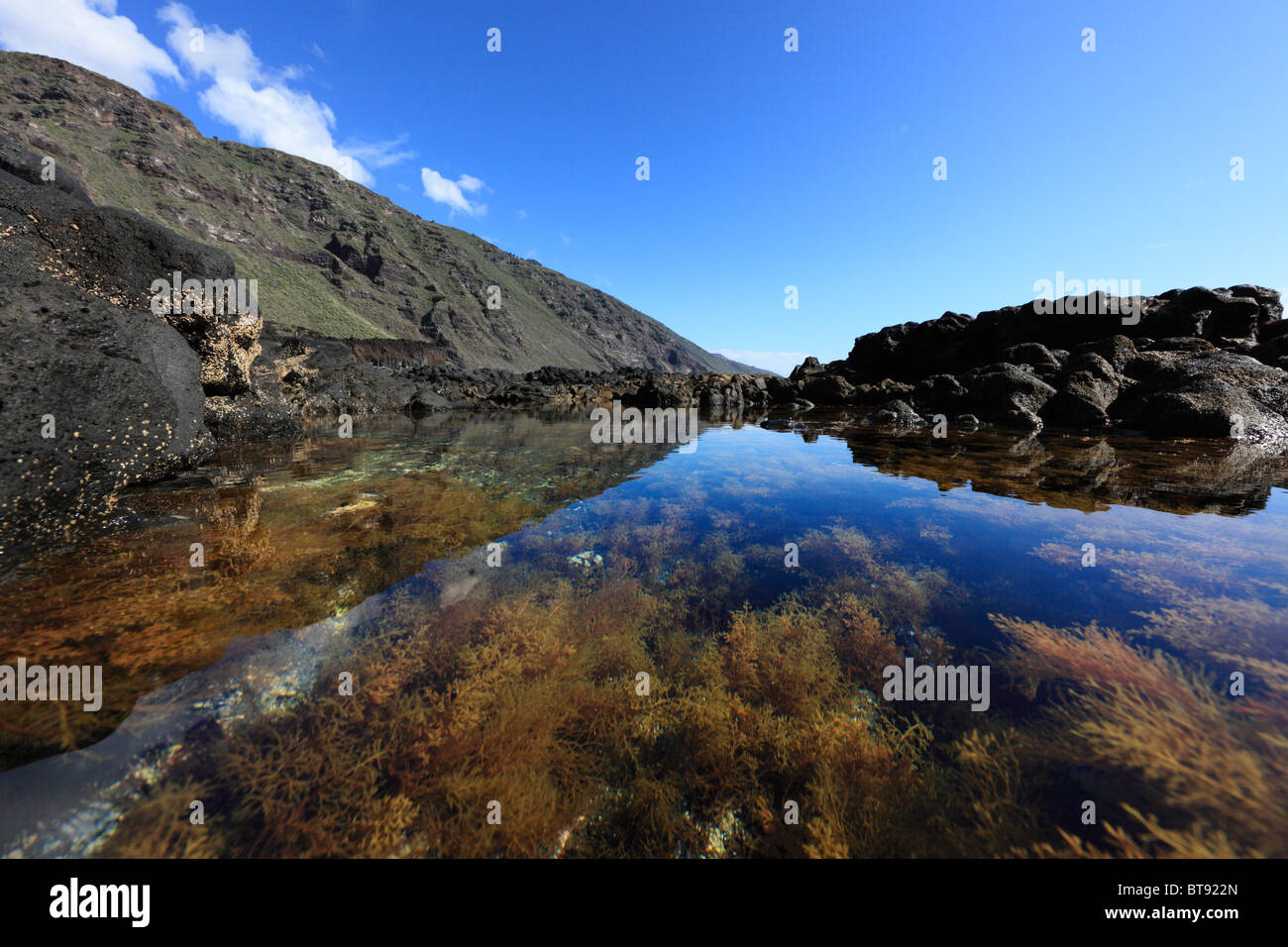 Pool im felsigen Küste der Gezeiten "Paisaje Protegido del Remo" Naturschutzgebiet, La Palma, Kanarische Inseln, Spanien, Europa Stockfoto