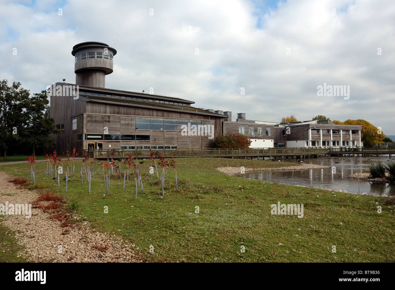 Sloane Aussichtsturm und Besucherzentrum, Federwild und Feuchtgebiete Vertrauen Slimbridge Besucherzentrum, Gloucestershire, UK Stockfoto