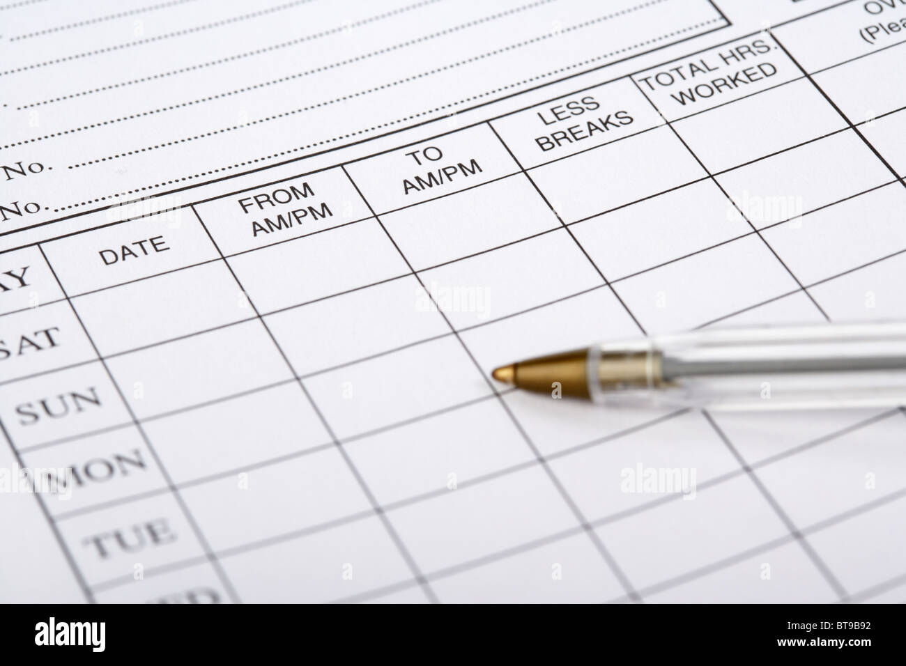 Start und Ziel Stunden Arbeitszeit und Pausen in einer wöchentlichen Arbeitszeittabelle für eine Zeitarbeit Arbeitsvermittlung Stockfoto