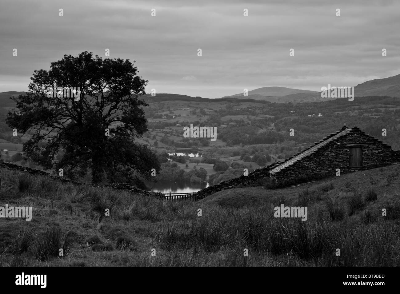 Stein-Hütte am Cumbrian fiel mit Blick auf Windermere, in der Nähe von Amblesdie, Lake District, Cumbria Stockfoto