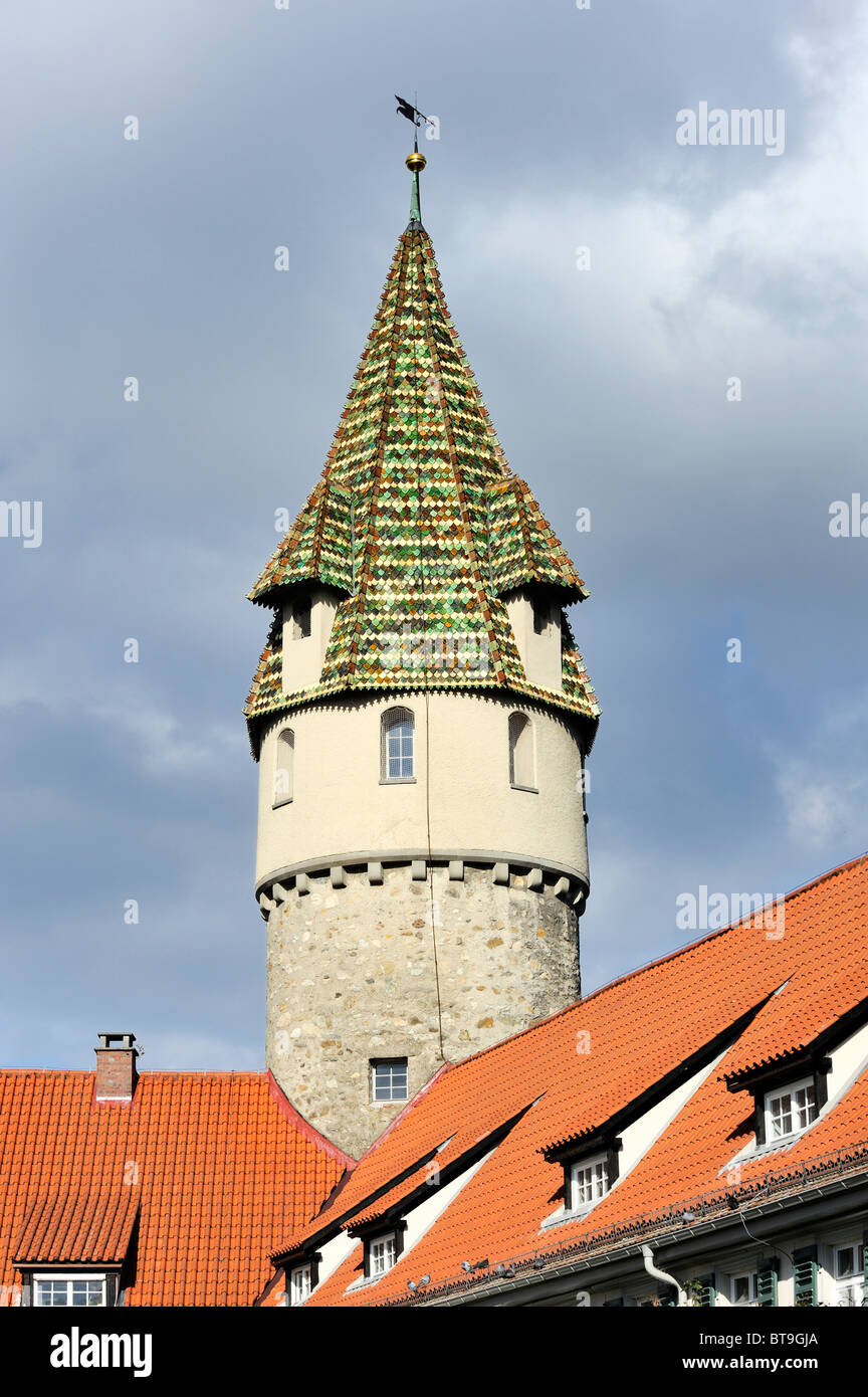 Der grüne Turm in der historischen alten Stadt Ravensburg, Landkreis Ravensburg, Baden-Württemberg, Deutschland, Europa Stockfoto