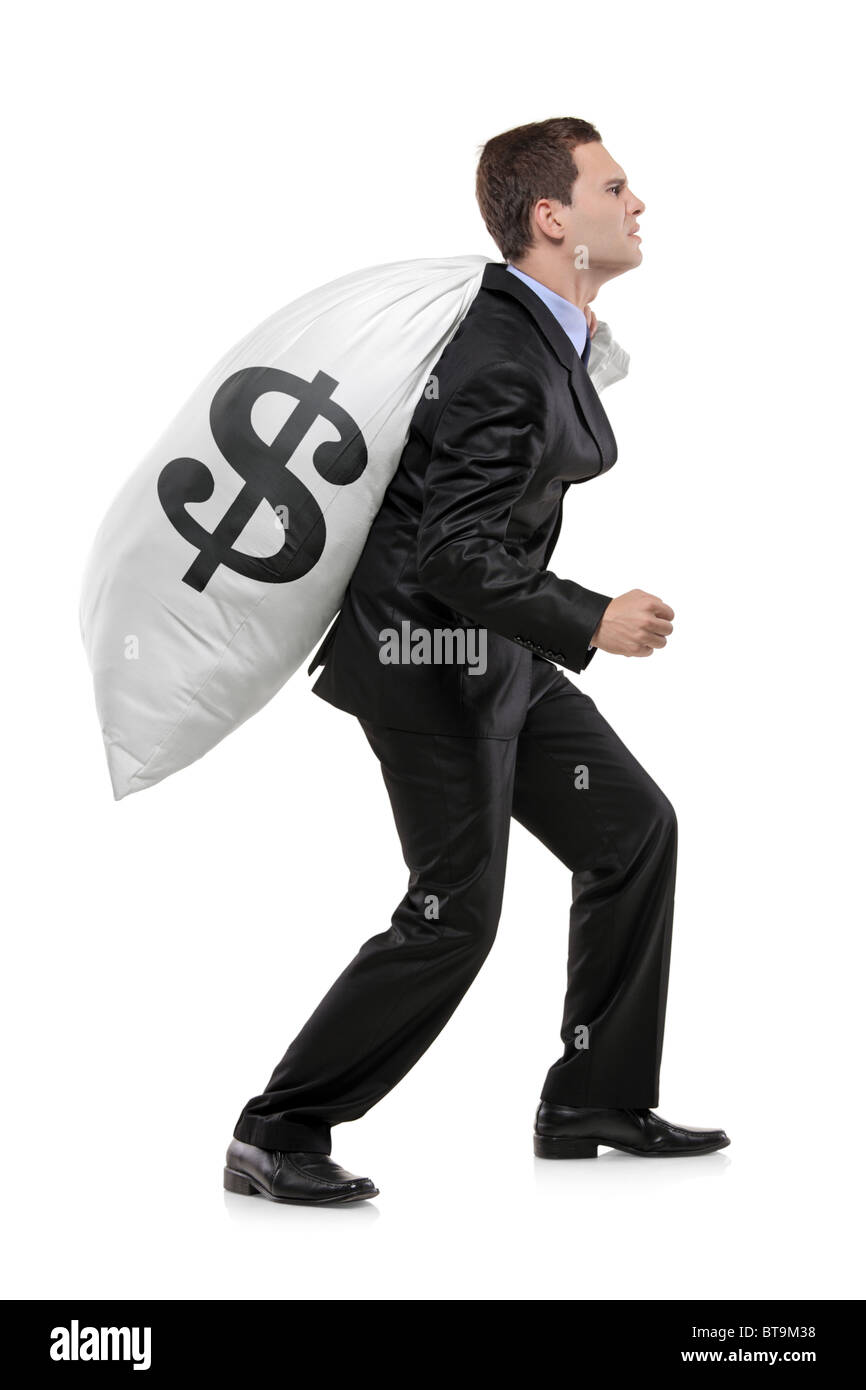 In voller Länge Portrait von einem Geschäftsmann mit einer Geldtasche mit US-Dollar-Zeichen Stockfoto