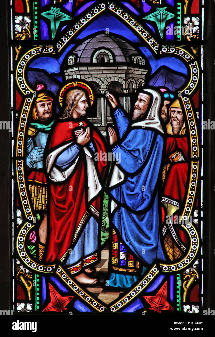 Ein Glasfenster, die Darstellung der Verrat von Jesus von Judas Iscariot, Pfarrkirche St. Michael, East Buckland, Devon Stockfoto
