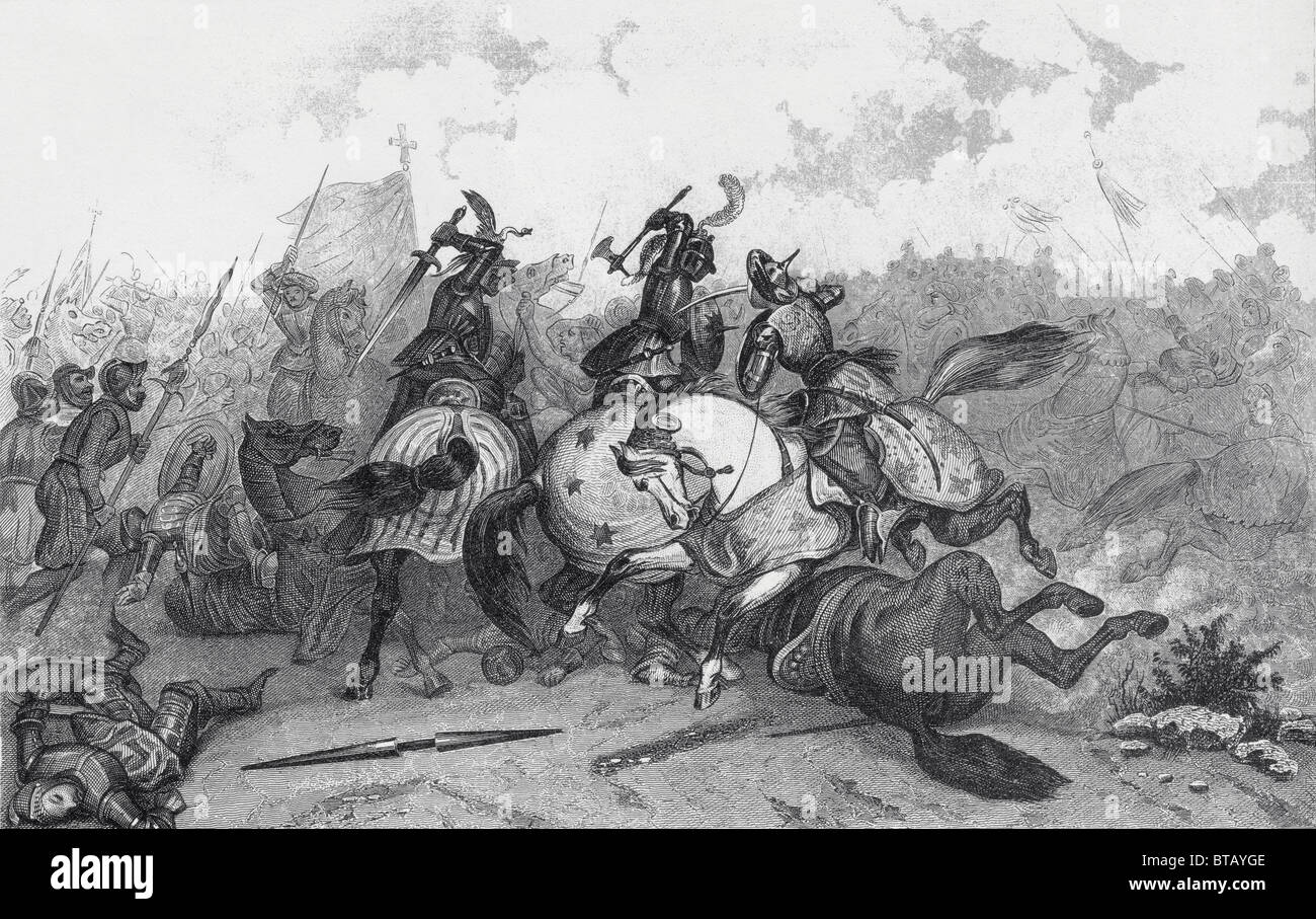 Kreuzritter und Sarazenen kämpfen Fäuste während einer Schlacht im Heiligen Land. Stockfoto