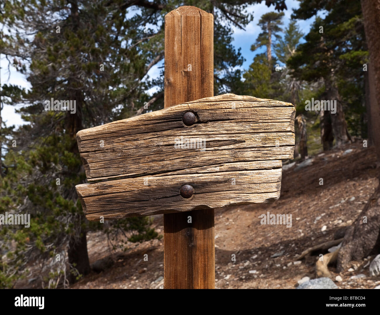 Rustikale leer Holzschild auf einem Wanderweg hoch in den Bergen oberhalb von Southern California. Stockfoto