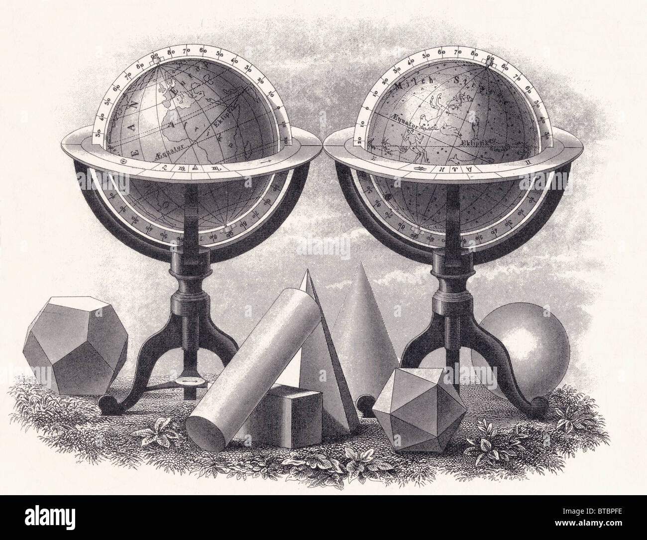 Globen von der Erde und die Himmel, umgeben von geometrischen Formen. Stockfoto
