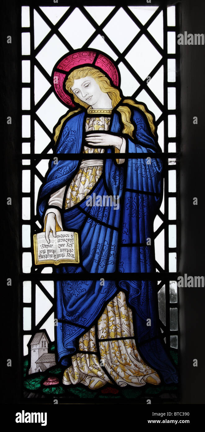 Ein Glasfenster, die Darstellung der Jungfrau Maria, Pfarrkirche St. Johannes, Cutcombe, Somerset Stockfoto