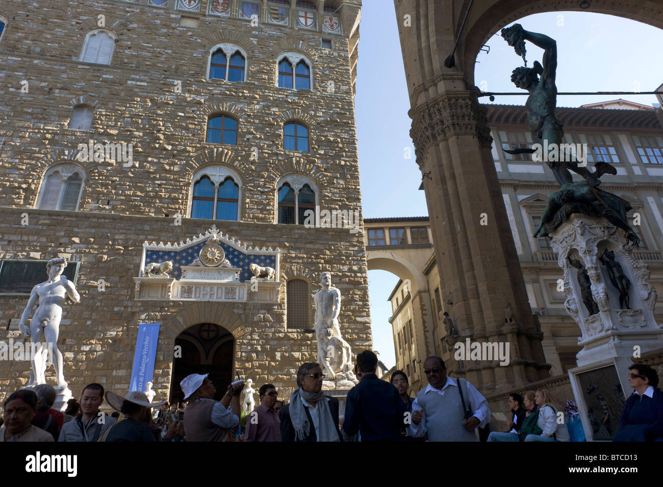 David und Hercules & Grab Statue Kopien und Palazzo Vecchio auf der Piazza della Signoria. Stockfoto