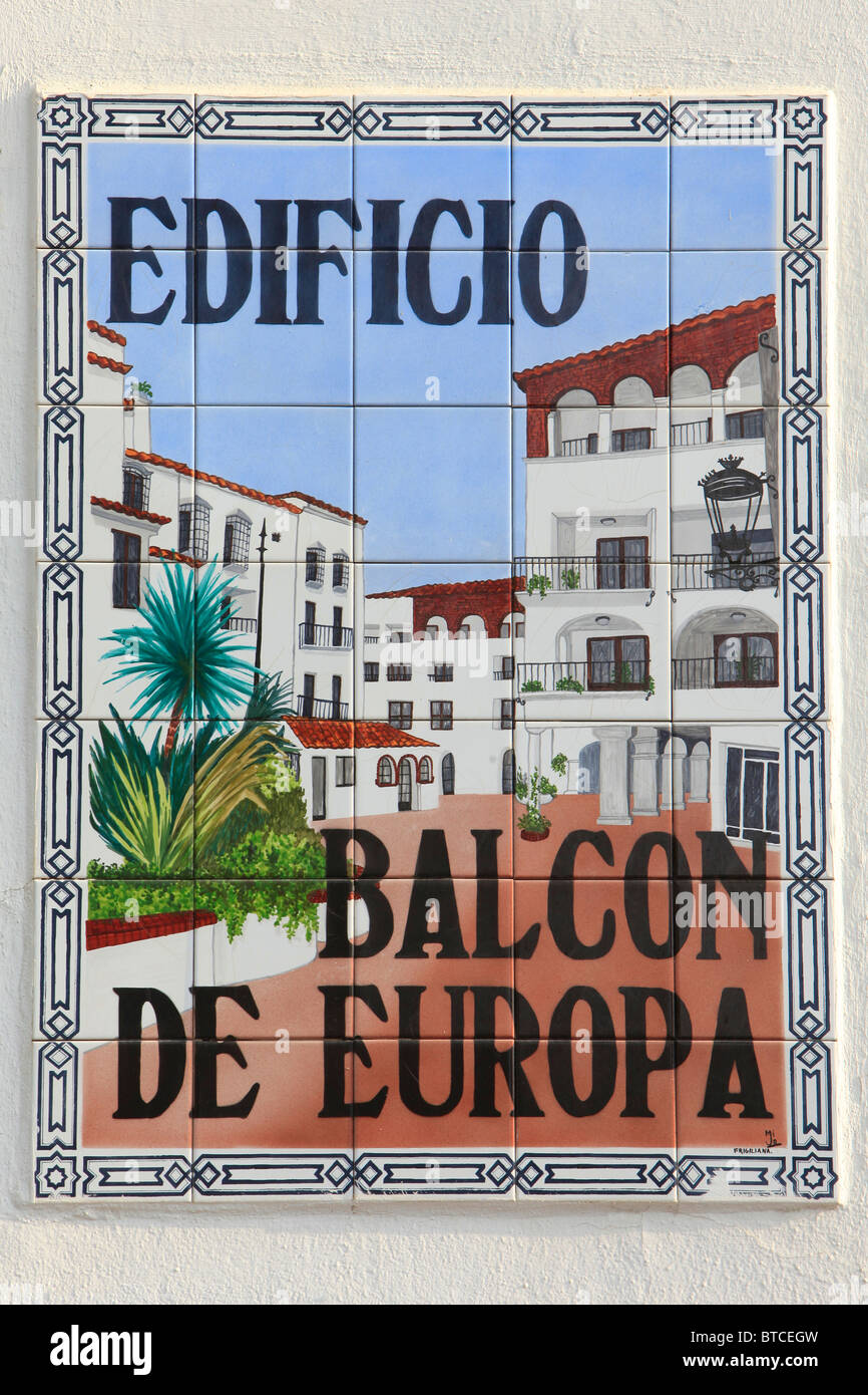 Balcon de Europa Straße Namensschild in Nerja, Spanien Stockfoto