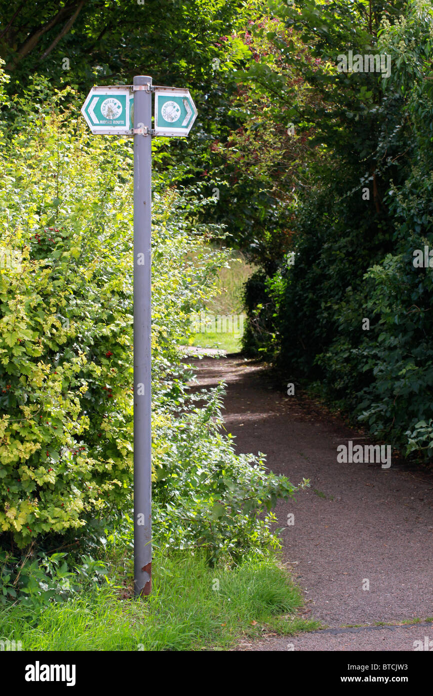 Ein Wegweiser zeigt die Route der Icknield Way am Rande eines schmalen Pfades Stockfoto