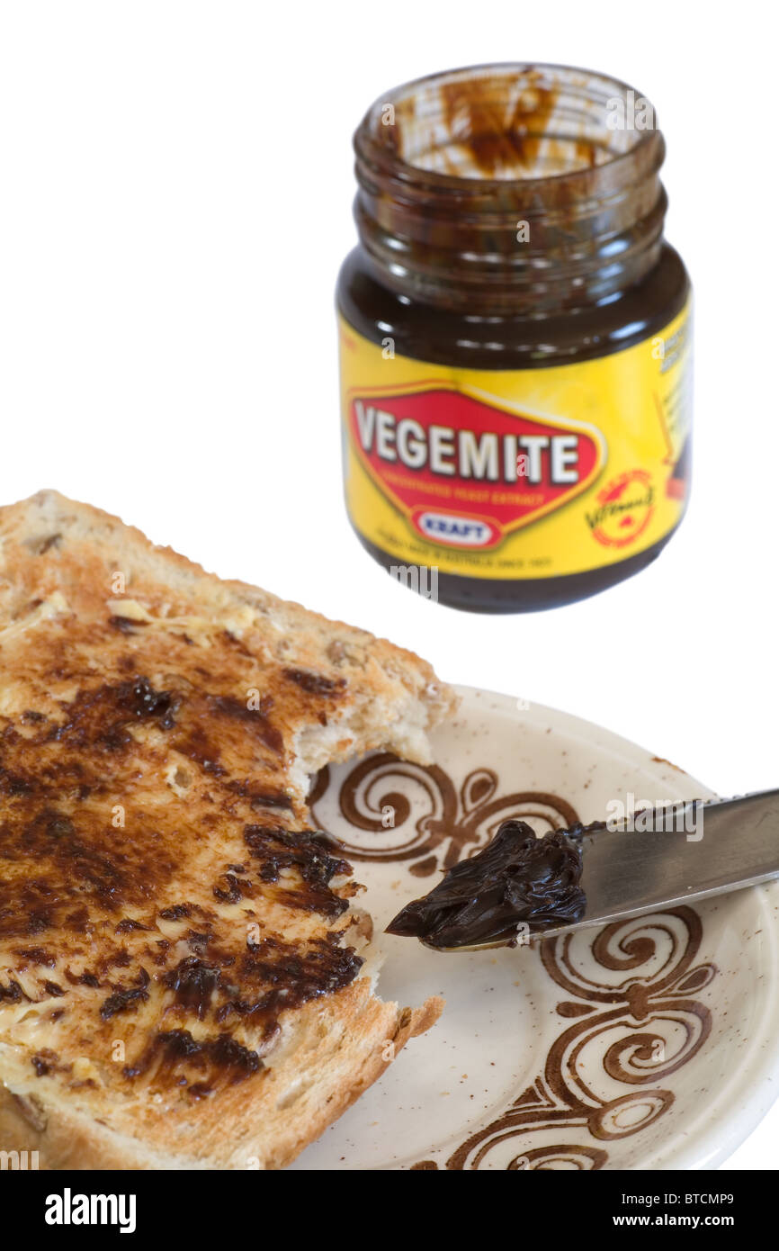 Einen Klecks Vegemite auf der Spitze eines Messers mit toast Stockfoto
