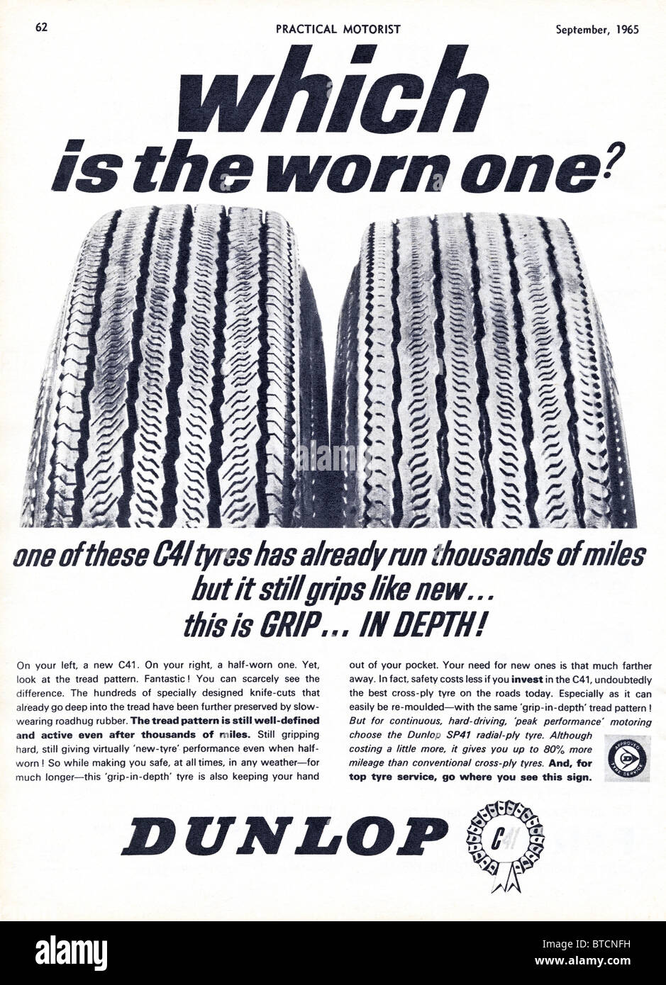 Anzeige für Dunlop Reifen im Practical Motorist Magazin vom September 1965 Stockfoto