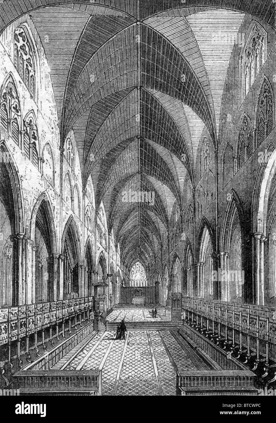 Alte St. Pauls Cathedral, London; Die dreischiffige Kircheninnere bevor er brannte in den großen Brand von London 1666 Stockfoto
