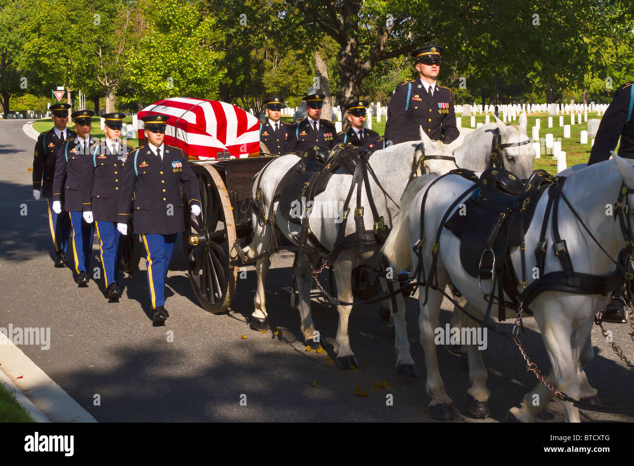 Begräbnis auf dem Arlington National Cemetery mit Sarg auf Pferdekutschen Caisson durchgeführt. Arlington, VA. Stockfoto