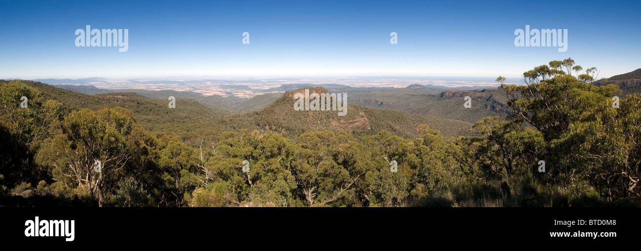Panoramablick durch den australischen Busch zu einer einsamen Spitze Stockfoto