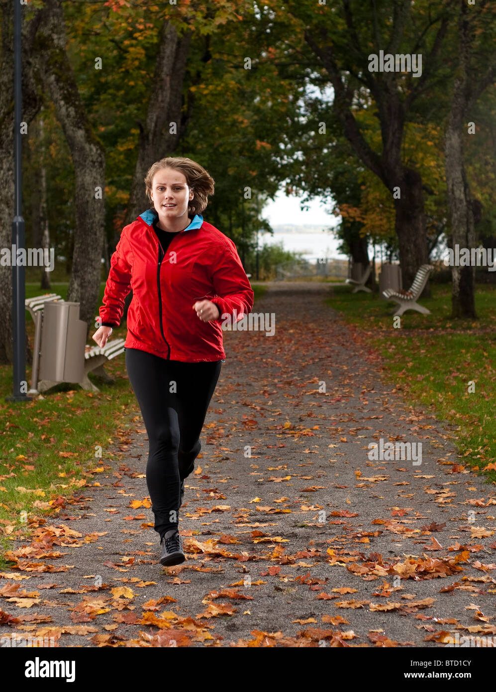 Schönen weiblichen Athleten laufen im Park an einem schönen Herbsttag. Stockfoto