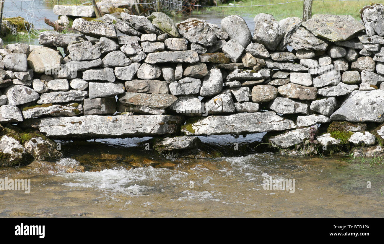 Eine über einem Bach gebaute Kalksteinwand. Stockfoto