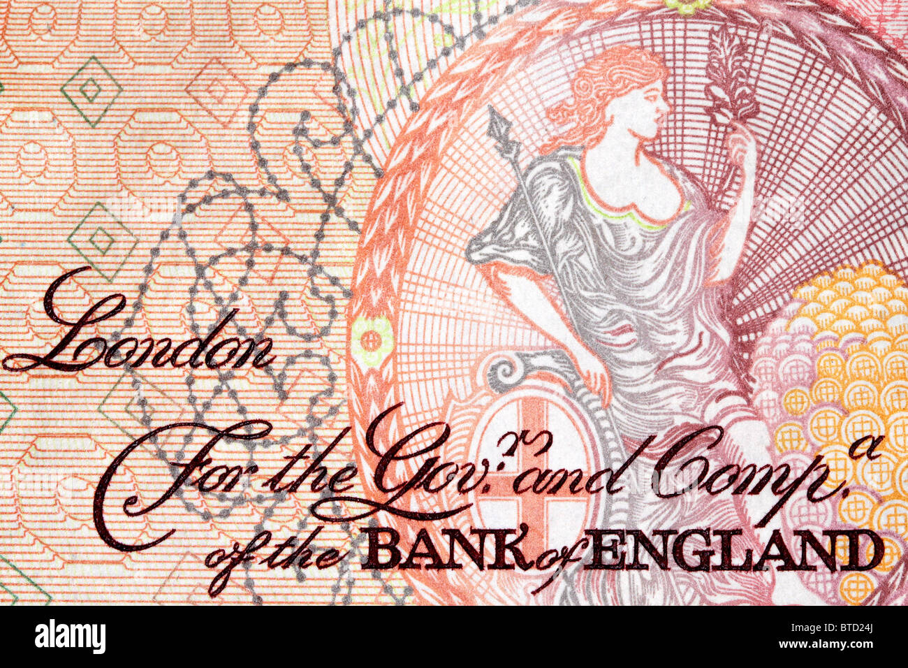 Bank of England Note, Nahaufnahme Detail Stockfoto