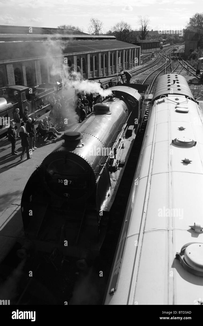 Eisenbahnfreunde und die Dampflok an der Bluebell Museumsbahn in Sussex, England Stockfoto