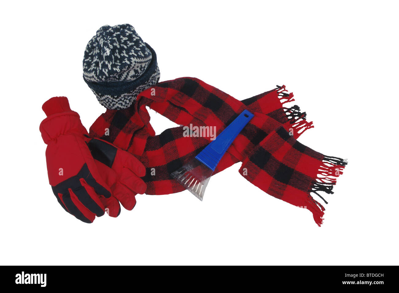 Hüte Schals Handschuhe Ice Scraper Studioaufnahme Stockfoto