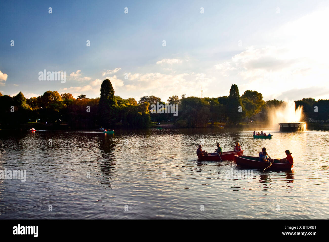 Ruderboote auf Zoo-See in der Abenddämmerung Stockfoto