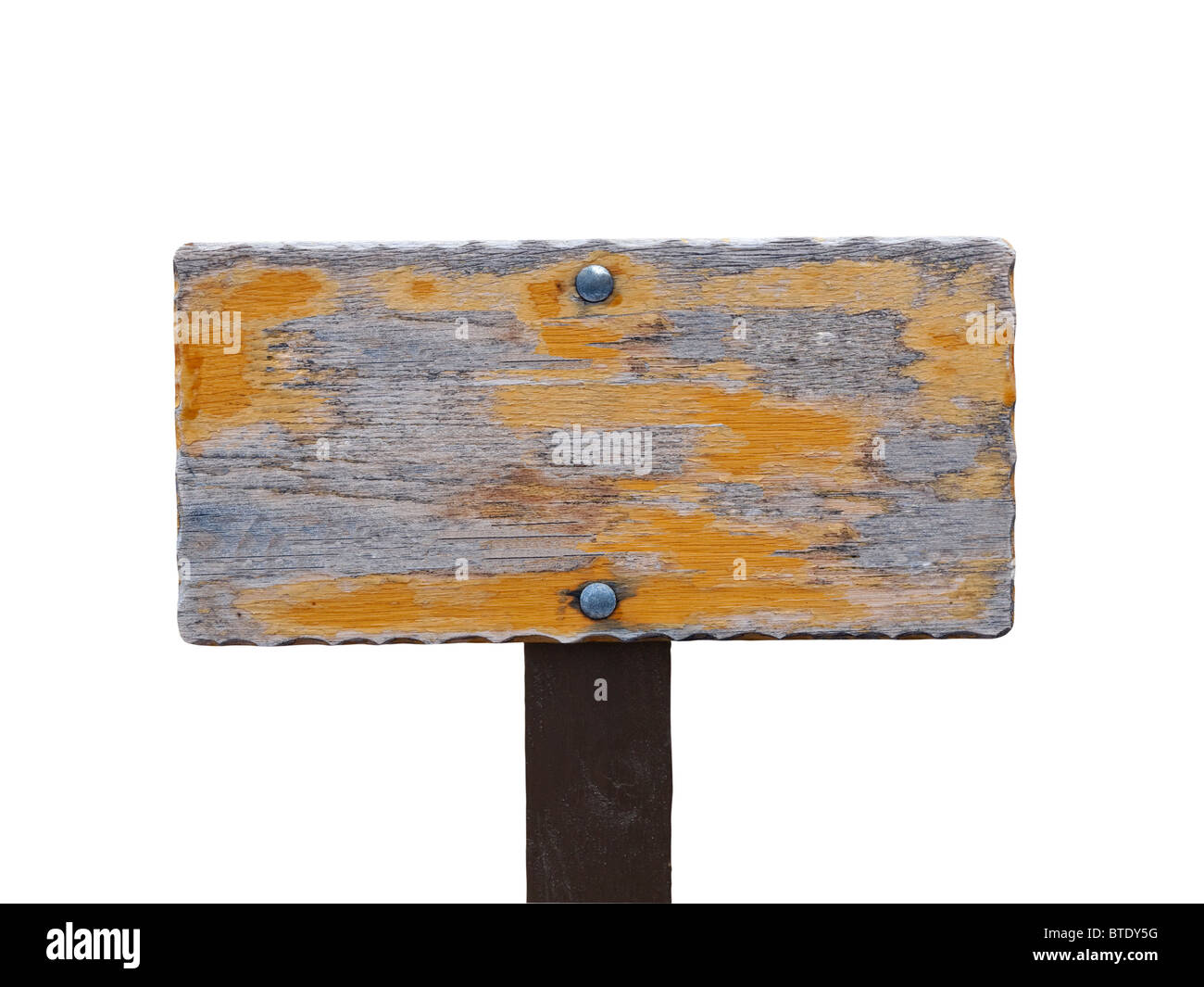 Ausgeblendet, abgenutzte hölzerne Wandern trail Zeichen. Stockfoto