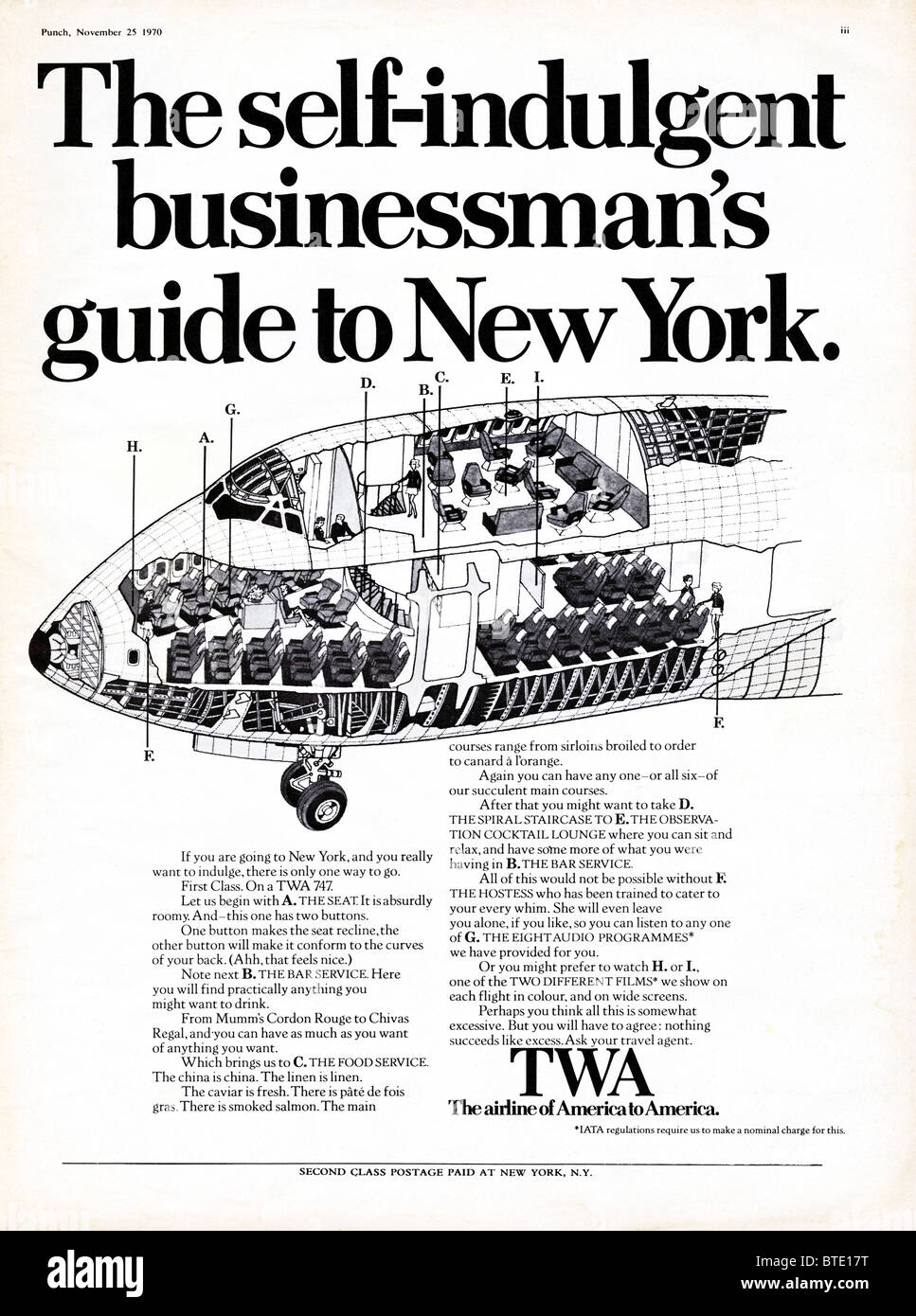 Anzeige für die amerikanische Fluggesellschaft TWA in der Zeitschrift vom 1. Dezember 1970 Stockfoto