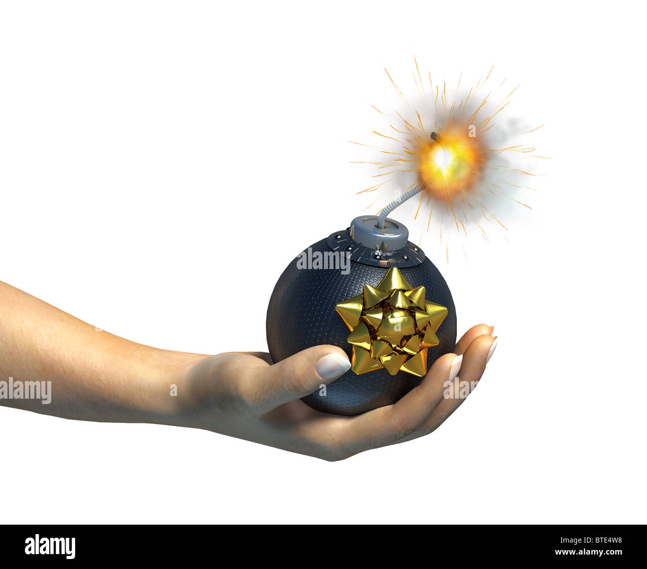 Hand hält eine Bombe mit funkelnden Aufstand, mit einem Geschenk-Rosette darauf. Stockfoto