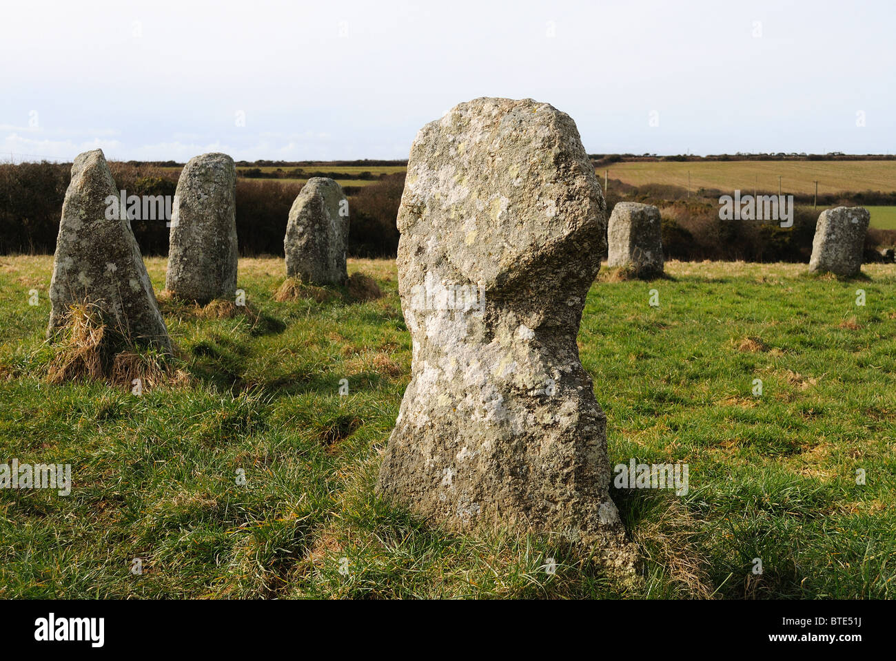 Der "merry Maidens" Steinkreis in der Nähe von später in Cornwall, Großbritannien Stockfoto