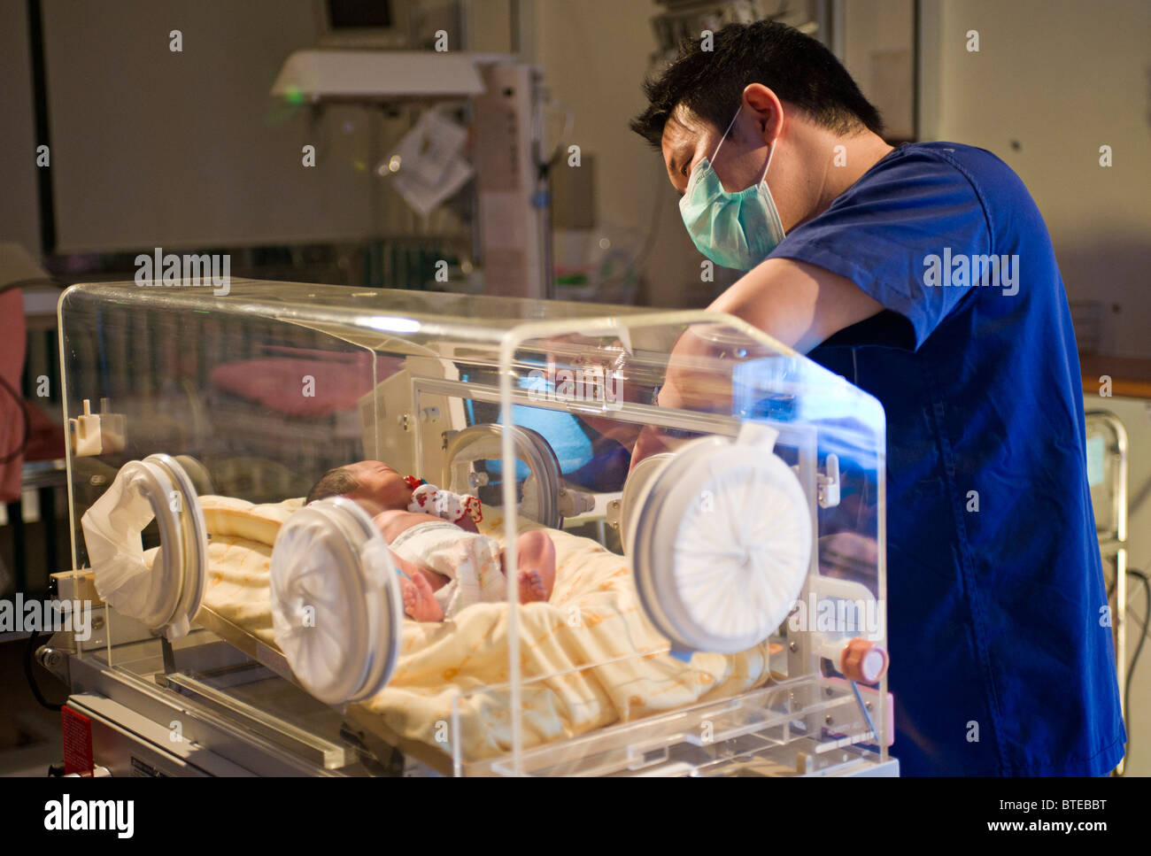 Arzt zu betrachten und Neugeborenen im Inkubator überprüfen Stockfoto